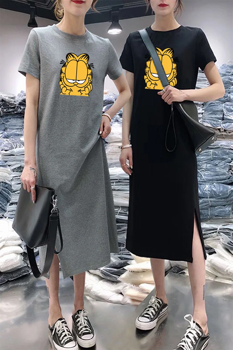 

Summer Short-sleeve Dress Women's Casual Belly Covering Large Size Loose-Fit Mid-length over-the-Knee Base T-shirt Skirt