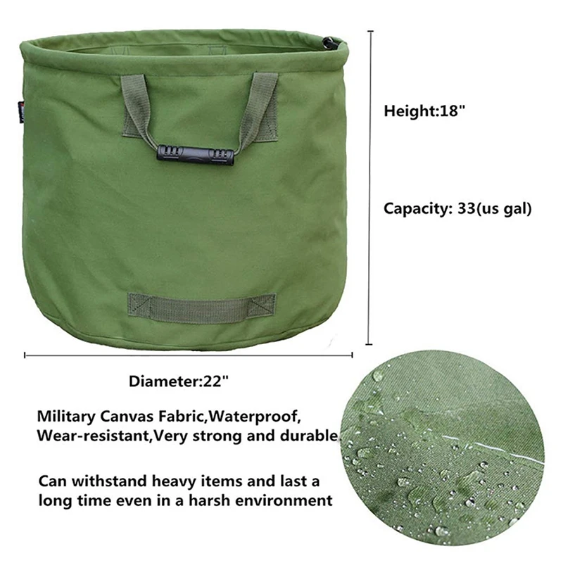 2-Pack 33 галлонов холщовые садовые сумки, многоразовые надежные складные мусорные корзины с военной тканевой тканью, садовый лист мешок для отходов