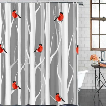 

Waterproof Shower Curtain Christmas Theme Tree Branch Red Bird Bathroom Shower Curtains Christmas Shower Curtain &12 Hook