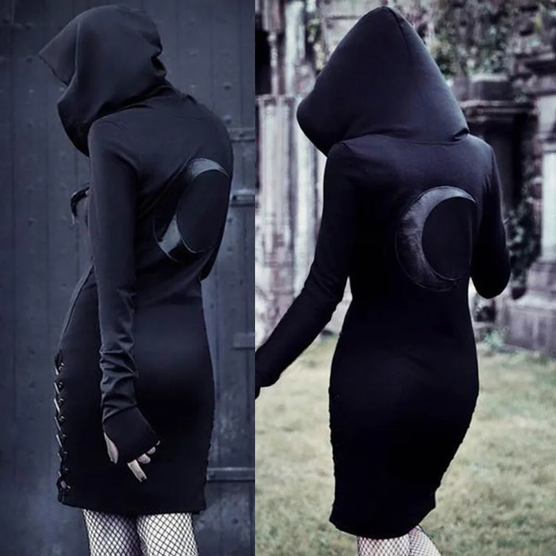 

2019 Women Autumn Winter Gothic Long Dress Hoodies Black Harajuku Warp Dress Bodycon Casual Bandage Sweatershirt Dresses Female