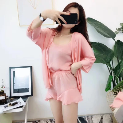 Korean-style Thin New Style Velvet Four-piece Set Pajamas Women's Spaghetti Strap Pajamas Women's Robes Coat Tracksuit Spring An