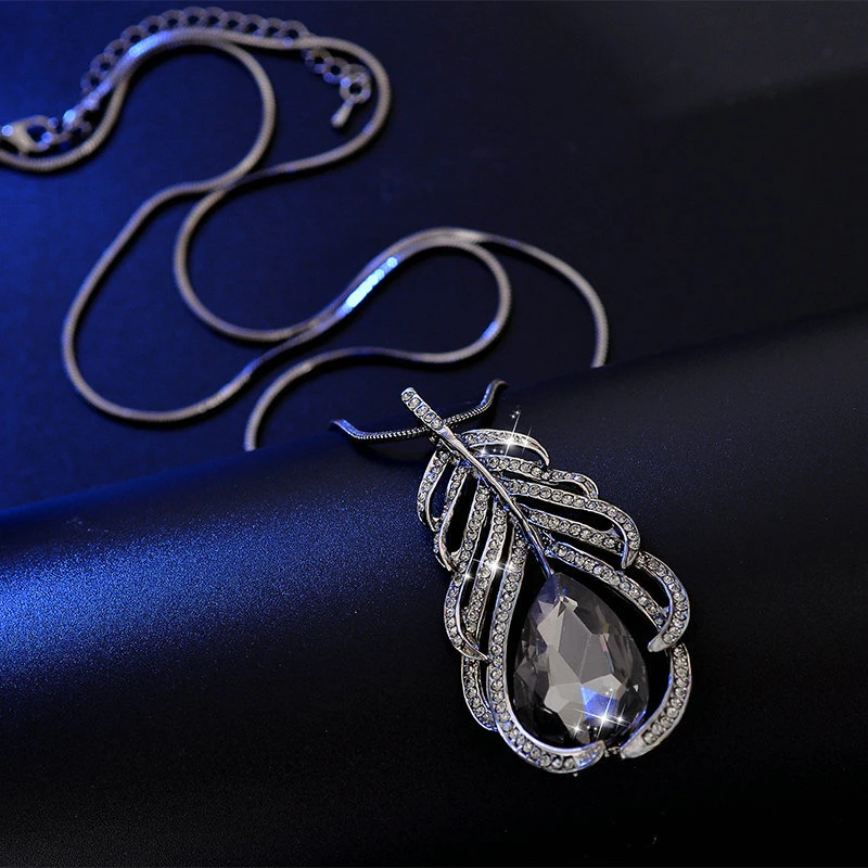 Шикарное длинное ожерелье с серебряными перьями, женские модные ювелирные изделия, подвески с кристаллами, ожерелье с цепочкой для свитера, колье, Женские аксессуары