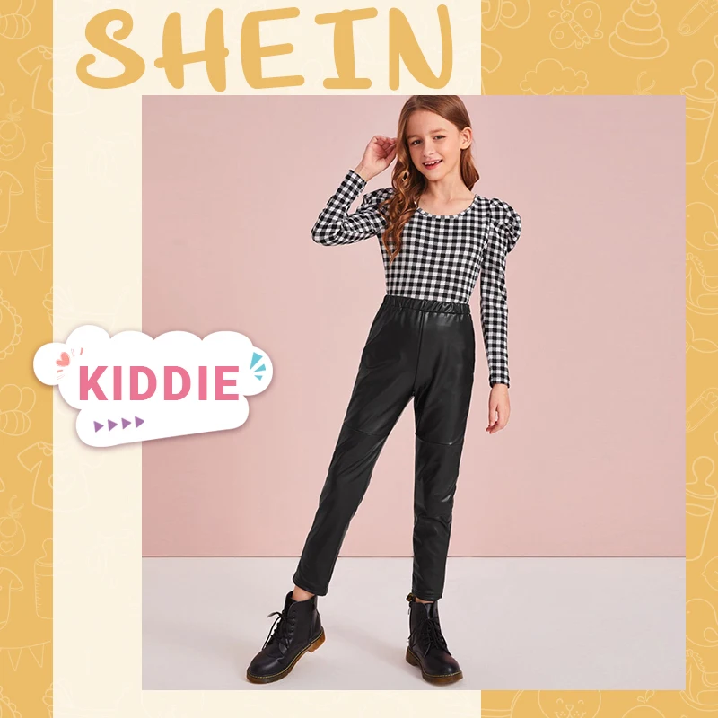 SHEIN Kiddie/черные однотонные повседневные кожаные штаны с эластичной резинкой на талии; детские штаны; осень г.; уличная одежда с высокой талией; укороченные брюки из искусственной кожи