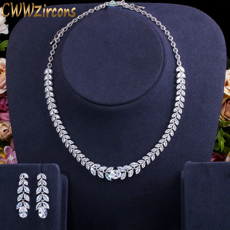 

CWWZircons Classic Leaf Drop Cubic Zircon Women Dinner Party Costume Jewelry Sets Elegant Bridal Wedding Necklace Earrings T396