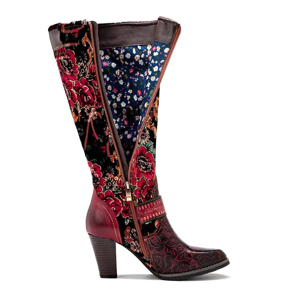 Autumn Winter Distressed Retro Women Riding Boots Three-Dimensional Flower Warmth Women High Heels Knee-High Zipper Boots Shoes (2)