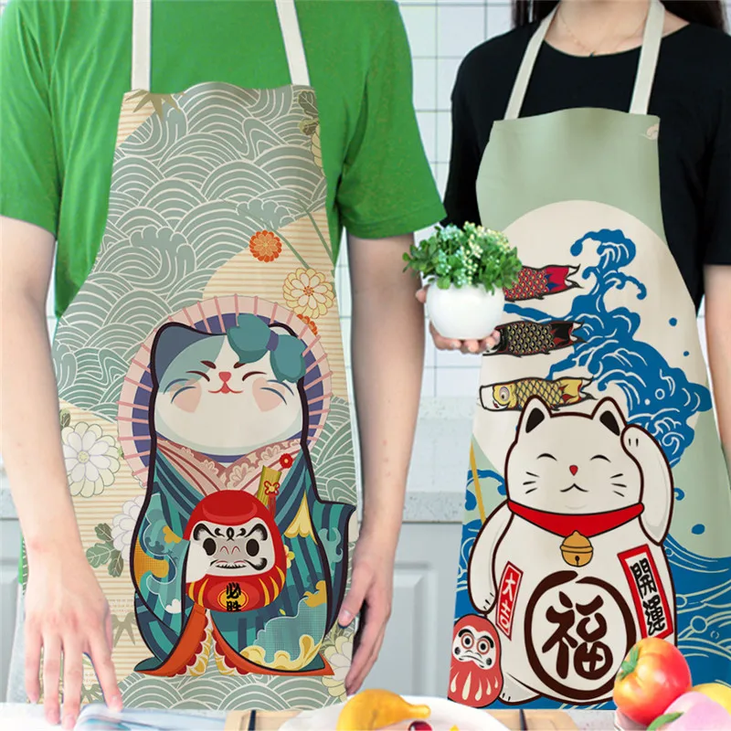 Lucky Cat Apron Kitchen Aprons for Women Cotton Linen Bibs Household Cleaning Pinafore Home Cooking Apron