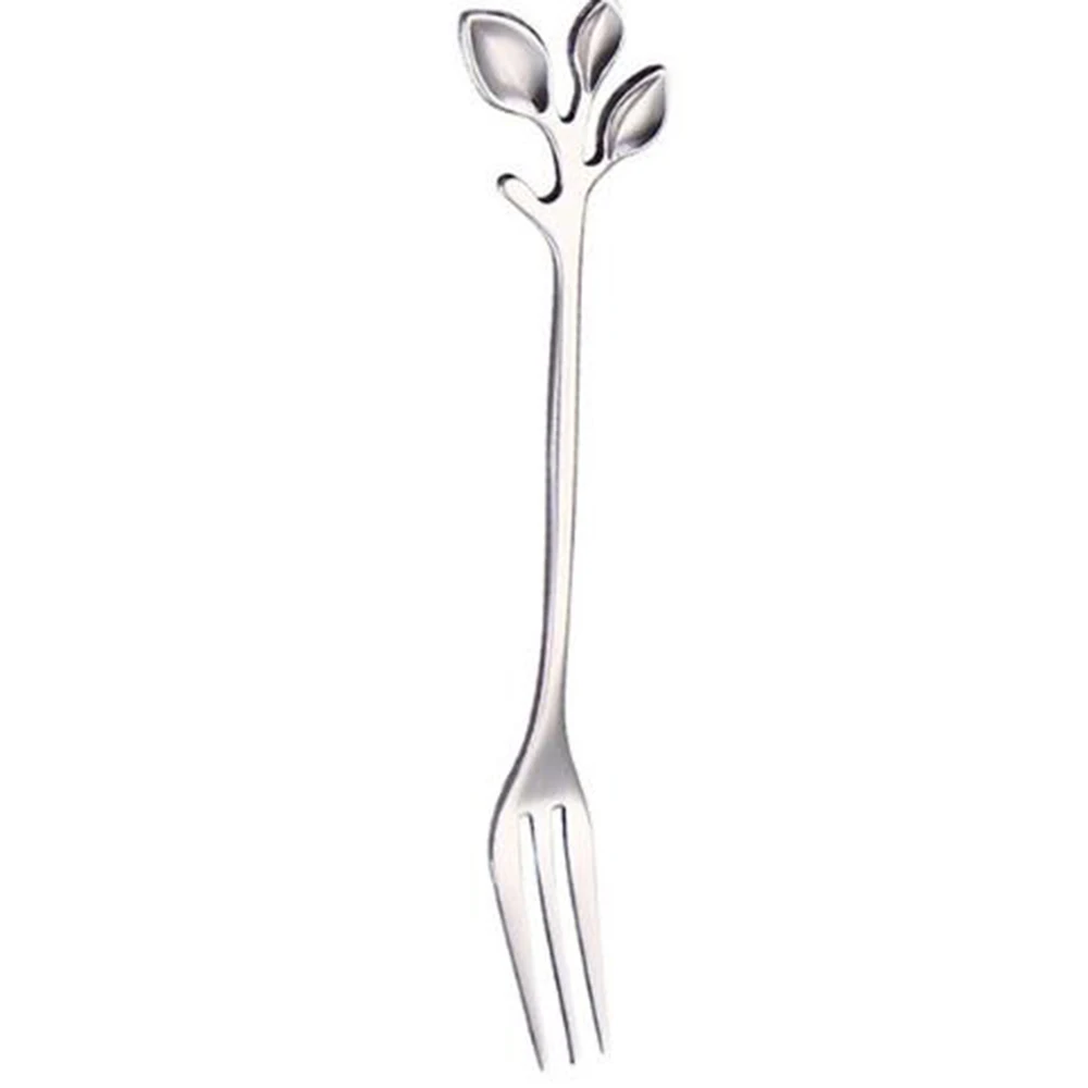 Silver Fork Нержавеющая сталь креативная ручка в форме листа ложка для чая и кофе Десерт закуска Совок вилка пара ложка/вилка кухонная посуда - Цвет: Silver Fork