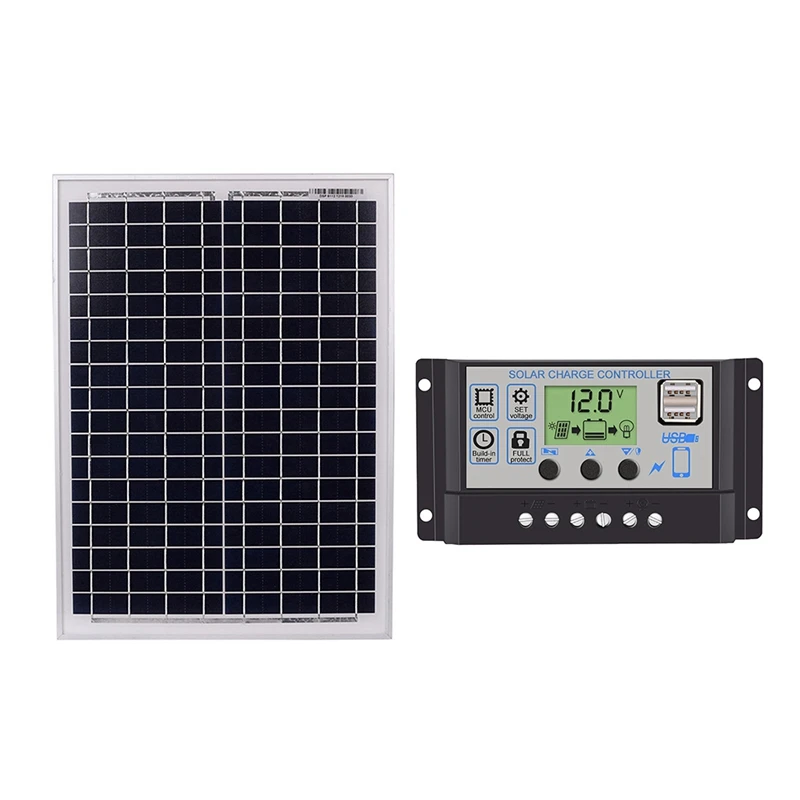 

Black 18V20W Solar Panels + 12V/24V Solar Controller With USB Interface