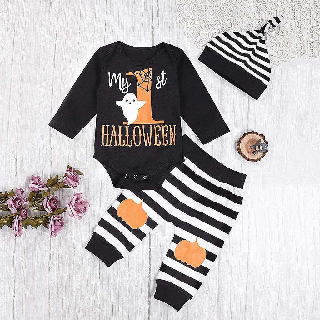 Children Clothes Newborn Infant Clothing Set Baby Boys Costume Halloween Catoon Letter Romper +Stripe Pants 3Pcs Outfits