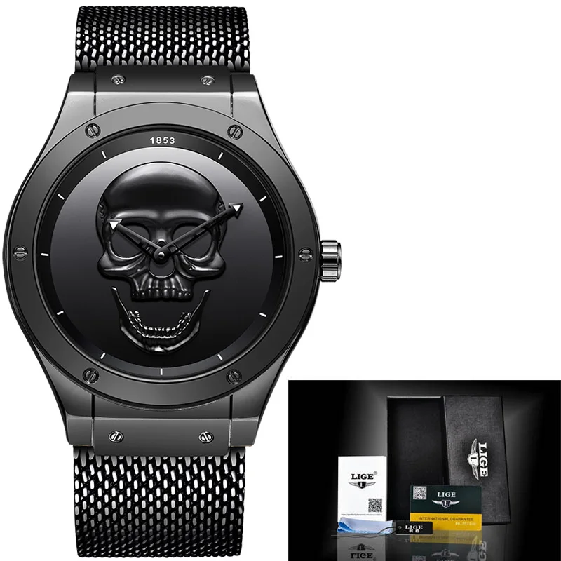 All black M Men 3D Skull Watch LIGE New Fashion Mens Watches Top Brand Luxury Silica Gel Watch Men Quartz Creative Watches Relogio Masculino - Цвет: All black M