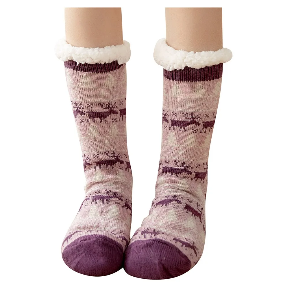 Новые рождественские носки женские зимние теплые хлопковые носки толстые нескользящие носки-тапочки с принтом носки с ковровым покрытием calcetines mujer# pingyou - Цвет: Purple