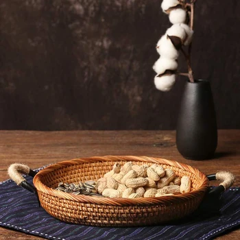 

Rattan Round Bread Basket Vintage Style Woven with Handle Tray Platter Coffee or Dining Table