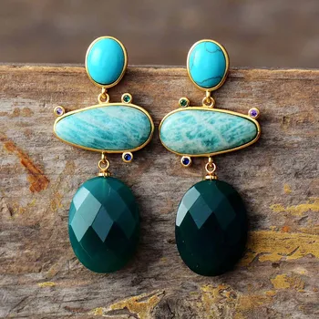 Hyperbole Modern Women Earrings Bold Fashion Amazonite Onyx Stud Earring Teengirls TOP Costume Jewelry Bijoux Wholesale