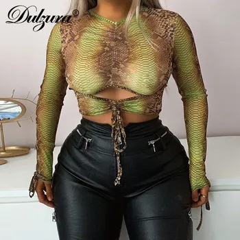 

Dulzura snake print hollow out drawstring ruched tshirt crop top long sleeve bodycon sexy streetwear 2020 autumn winter women