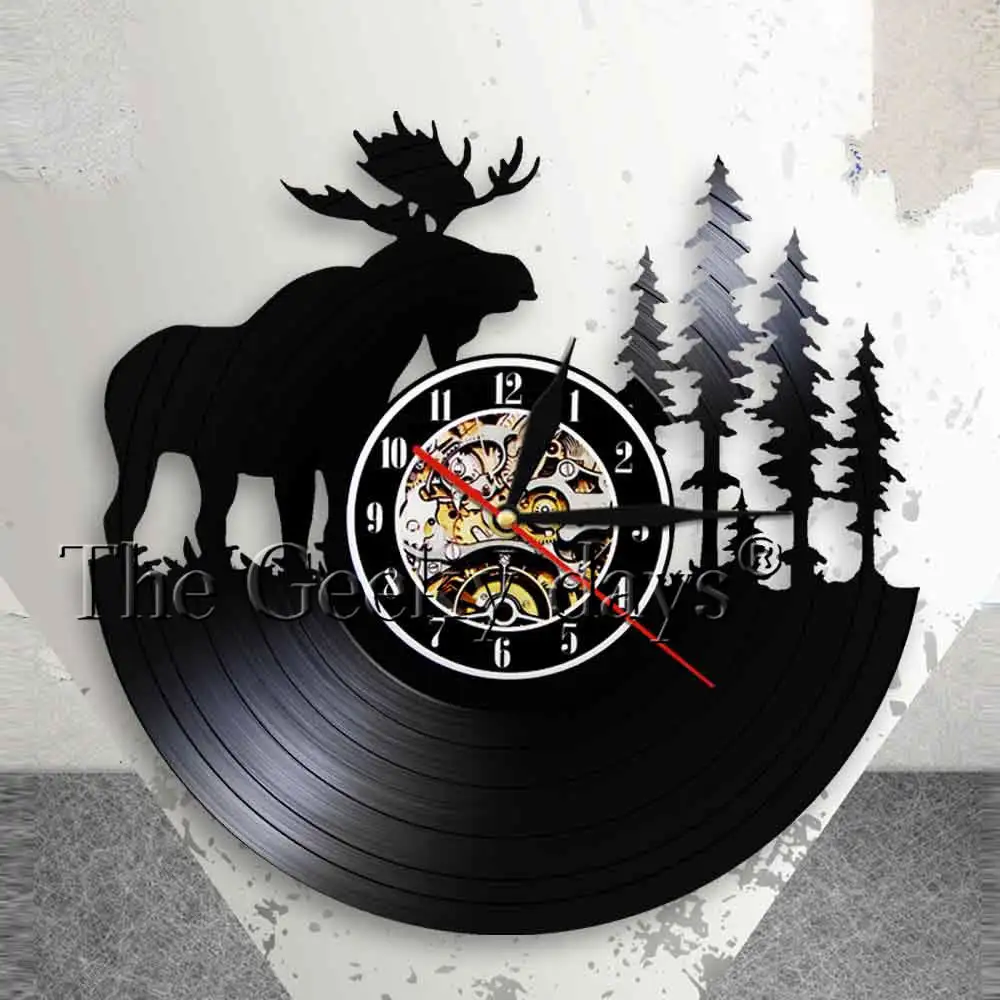 Forest Deer Wall Decor Retro Vinyl Record Wall Clock Antler King Moose With Pine Tree Hunting Hunters Wall Clock Gift Idea