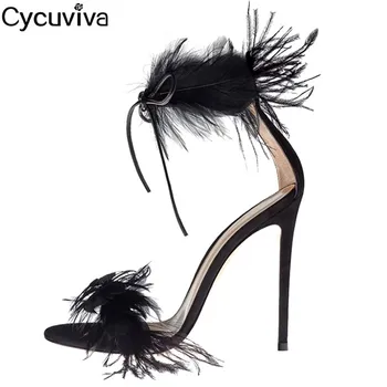 

Sexy Feather High Heels Sandals Women Runway Stiletto Fur Dress Shoes Ladies Sandals T Show High Heel Party Sandals For women