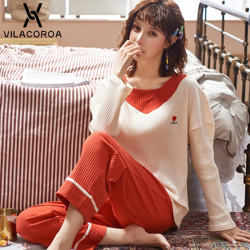Pijama invierno трикотажная Хлопчатобумажная Пижама женская рубашка с круглым вырезом и длинными рукавами брюки 2 комплекта простой повседневной домашней одежды пижамы