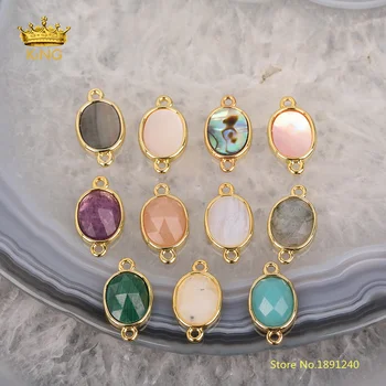 

5pcs Natural Stones Faceted Oval Connectors Crafts Bracelet,Sunstone,Labradorite,Shell,Malachite Gold Charms Quartz Crystal
