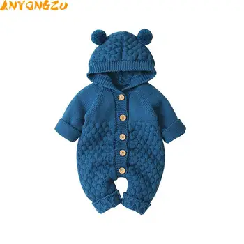 

Baby Creeper Hot Sale Children Three dimensional Wool Ball Hooded Knitted Long Sleeve One Button Suitable for height 66 73 80 90