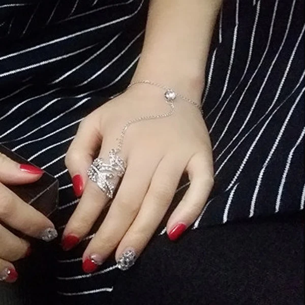 Fashion Crystal Leaf Slave Chain Hand Harness Silver Plated Bracelet Ring