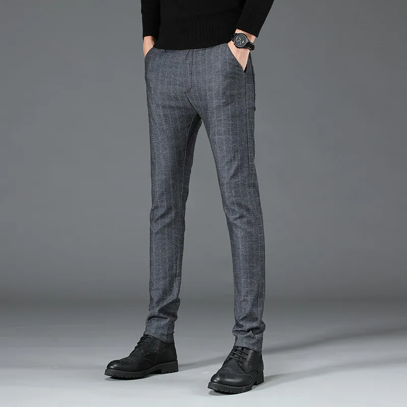 Men Dress Plaid Stretch Fabrics Business Casual Slim Skinny Suit Pants Autumn Man Vintage Lattice Stretch Homme Formal Trousers
