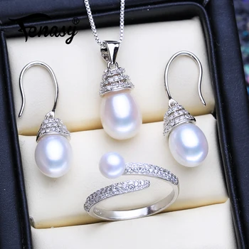 

FENASY 925 Sterling Silver Wedding Jewelry Sets Natural Pearl Drop Earrings Necklace Luxury Pendant Necklaces For Women Ring Set