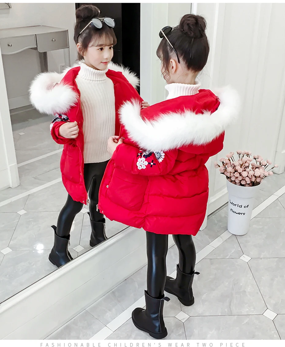 Пуховик для девочки, пальто с вышивкой для девочки детские пальто с длинными рукавами зимняя плотная теплая детская одежда для девочек на Рождество