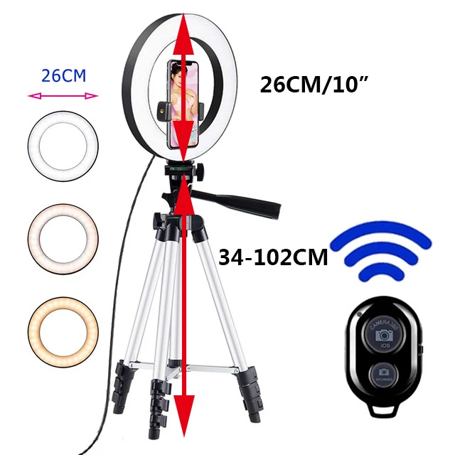 26cm Photo Ringlight Led Selfie Ring Light Phone Remote Control Lamp Photography Lighting With Tripod Stand Holder Youtube Video 102Cm-selver