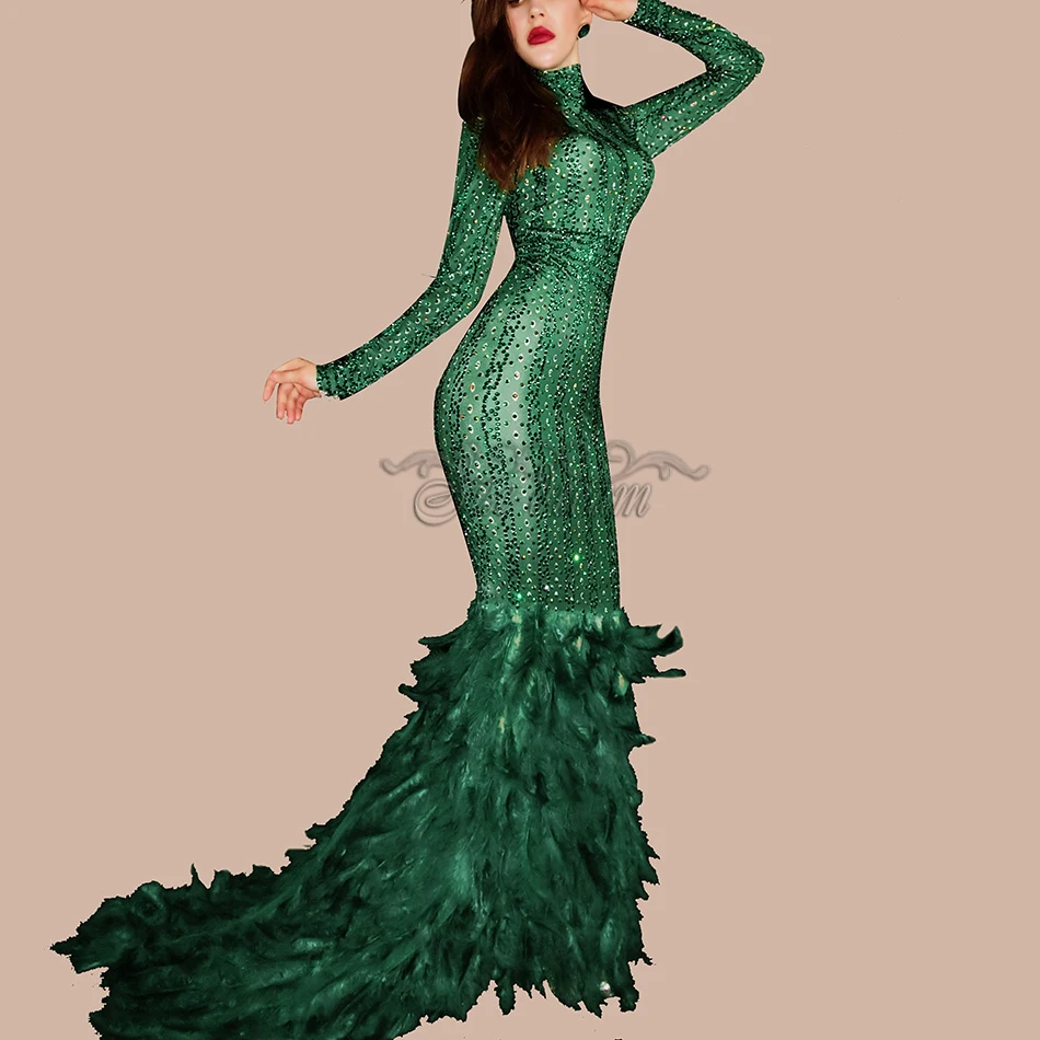 Sparkly-Rhinestones-Diamond-Green-Feather-Long-Sleeve-O-Neck-Sexy-Long-Big-Tail-Dress-Costume-Prom