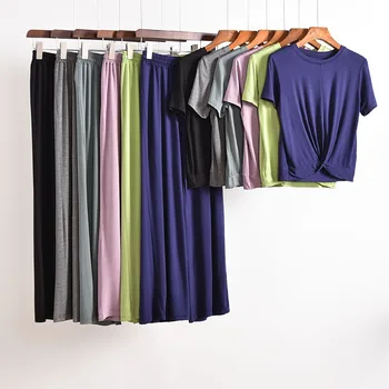 

Women Pajamas Loose Plus Size Short Sleeve Wide Leg Pants Pajamas Set Modal Solid Color Sexy Home Clothes