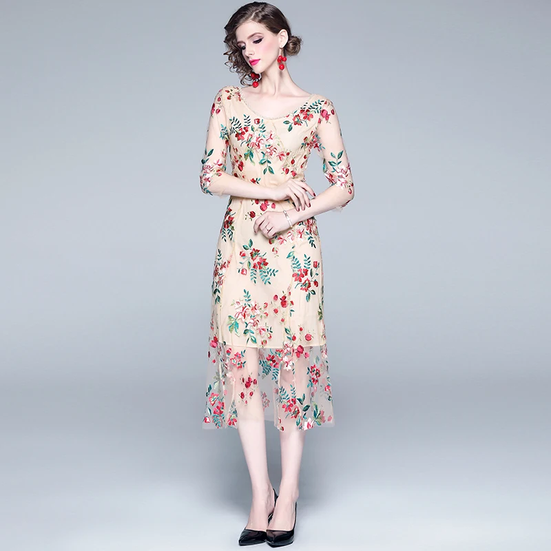 Retro Summer Floral Mesh Embroidered Dresses Vestido Invierno Mujer 2019 Women Beach Midi Party Dress Vestito Donna Estate K6553