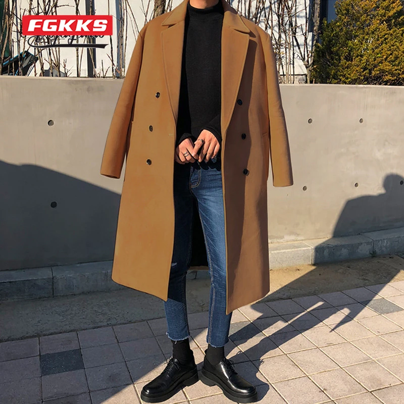 

FGKKS Winter Trendy Wool Blends Coat Men Korean Style Lapel Solid Color Windbreak Overcoat Thick British Casual Woolen Coat Male