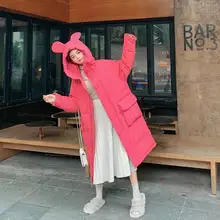 Autumn Winter Woman Cotton Coat Bear Ear Hooded Long Jacket Korean Fashion Cute Sweet Streetwear Thick Loose Parka