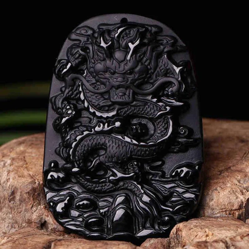 

Natural black obsidian carved dragon pendant fashion men and women amulet crystal pendant necklace jewelry gifts box