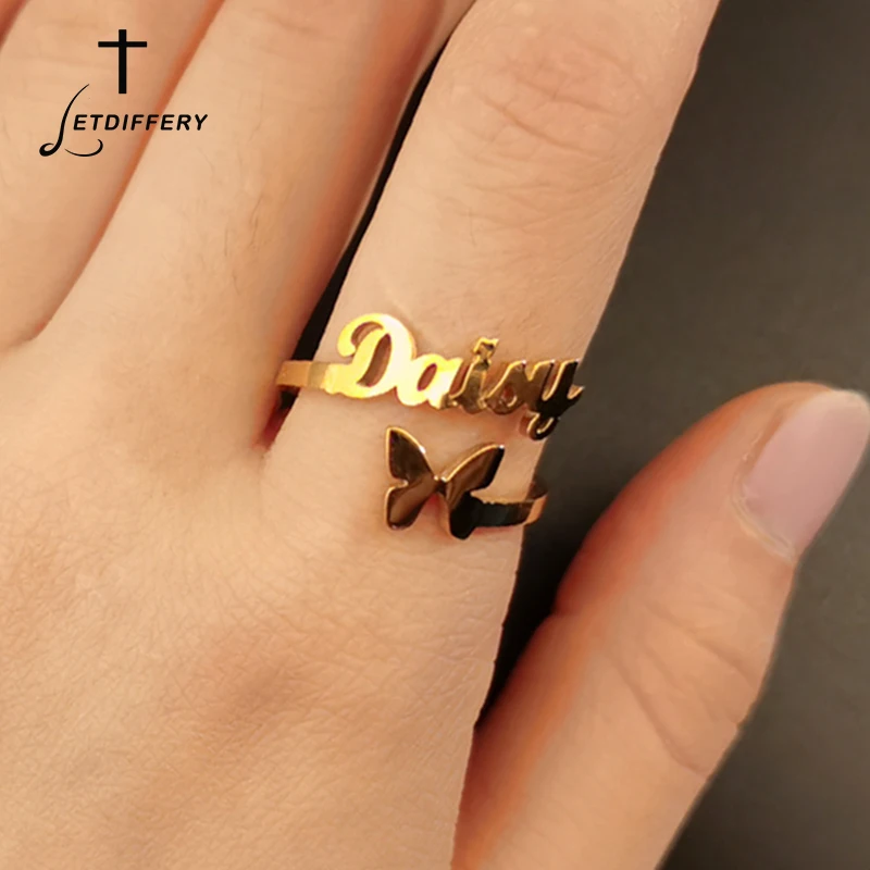 

Letdiffery Custom Butterfly Name Rings for Women Personlized Stainless Steel Adjustable Ring Unique Engagement Gift Femme