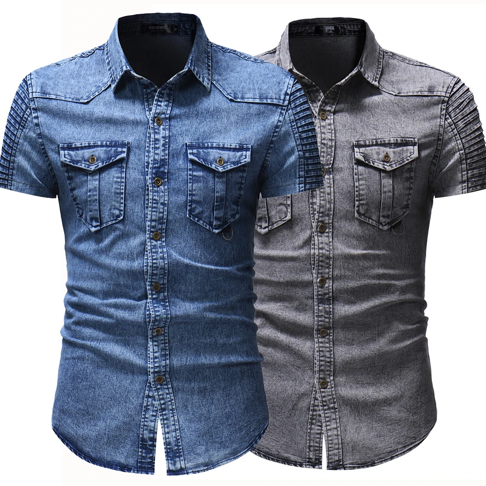 Spring Summer Men's Denim Shirt Personality Pleated Stitching Sleeve Cowboy Shirt Casual Slim Short-Sleeved Cotton Shirts M-3XL