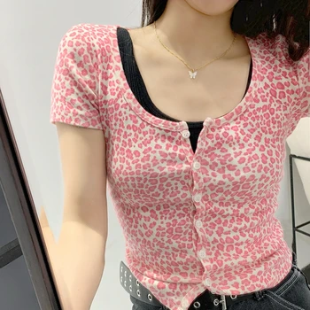 

Summer Crop top t shirt sexy leopard tee shirts graphic t shirts women vintage button up shirt casual leopard print top ladies