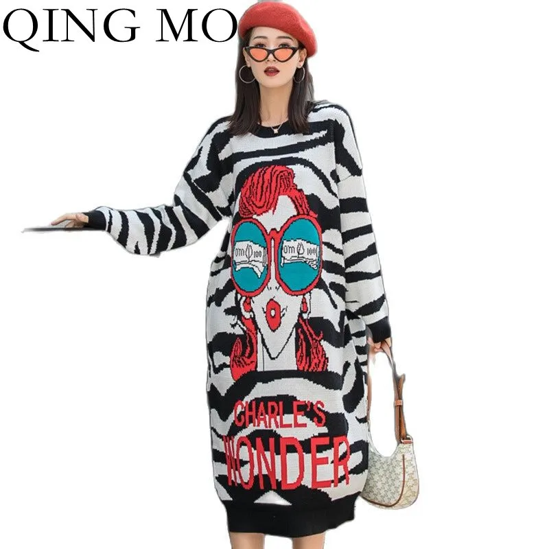 QING MO 2022 Spring New Women Clothing Printed Sweater Dress Large Size Black White Striped TT115Q | Женская одежда