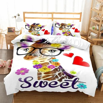

BEST.WENSD Sweet Cute duvet cover set Glasses deer Animal bedding sets 3D heart-shaped Cotton bed comforter king Queen size