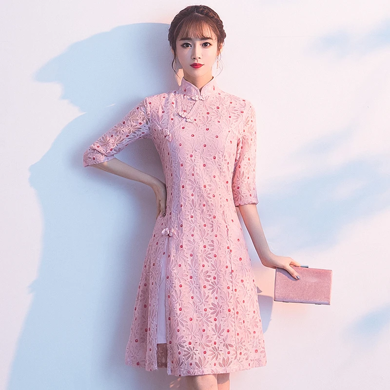 Spring Floral Lace Chinese National Dress Cheongsam A-Line Party Mini Vestidos Vintage Buckle Elegant Ladies Dress Plus Size