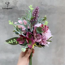 Фиолетовые шелковые розы пионы искусственные цветы искусственные зеленые листья шелковые цветы букет свадебное украшение дома искусственные пионы розы цветы