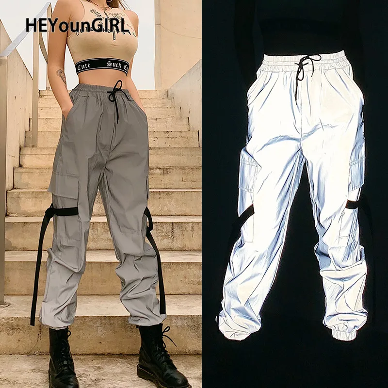 HEYounGIRL Harajuku Casual Reflective Cargo Pants Women Elastic High Waist Baggy Harem Pants with Strips Trousers Streetwear HEYounGIRL Harajuku Casual Reflective Cargo Pants Women Elastic High Waist Baggy Harem Pants with Strips Trousers Streetwear