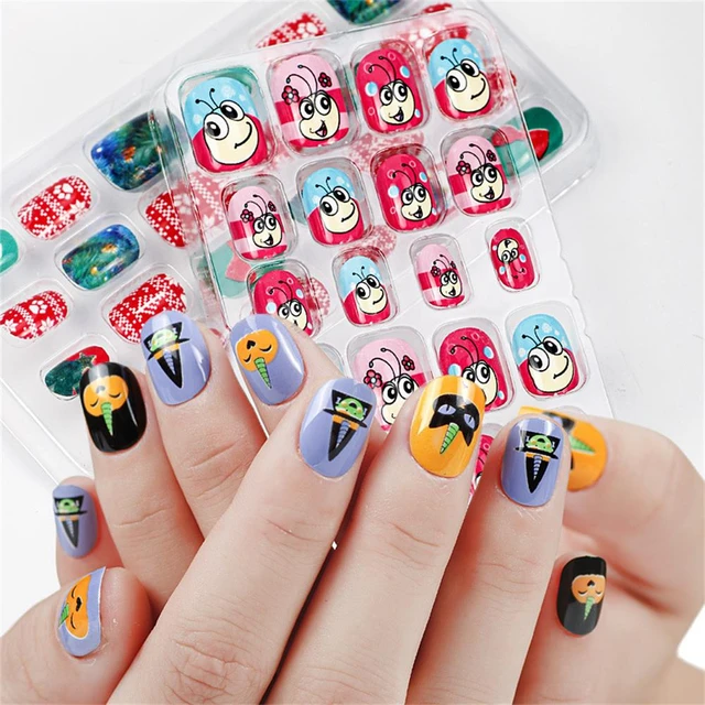 Meninas Fake Nail, Full Cover Girls Press On Fake Nails Cartoon