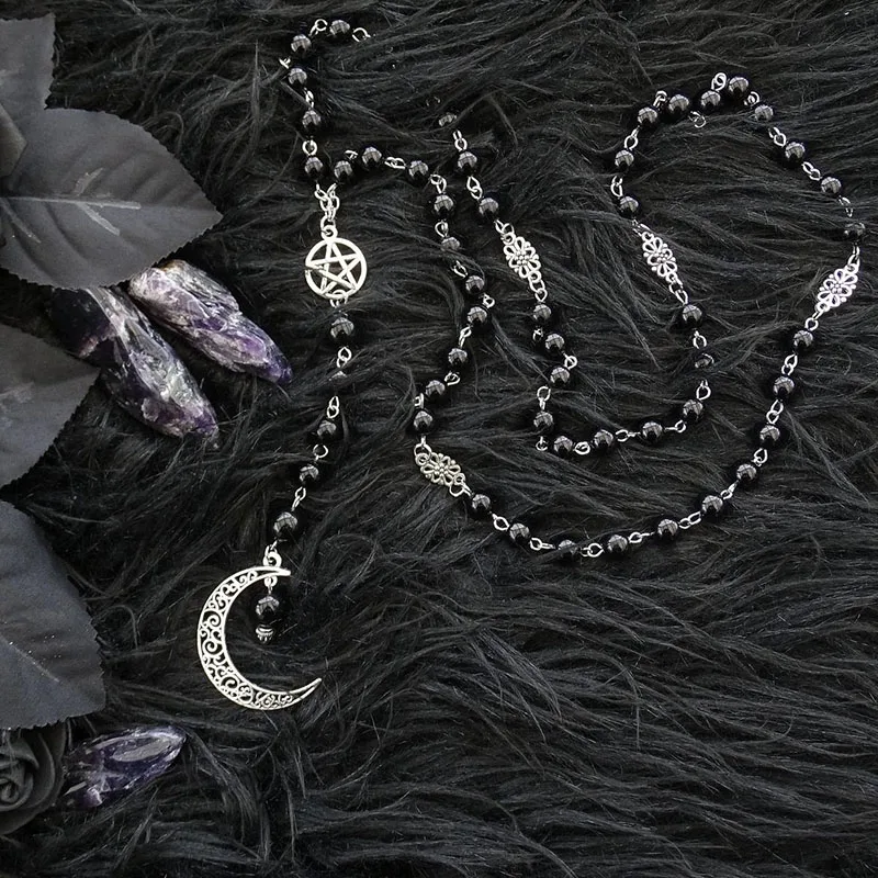Black Beaded Crescent Necklace Black Rosary with Pentagram and Moon Pendant in Antique Silver, Gothic Necklace, - Image 3