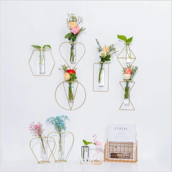

Wall Hanging Geometric Iron Vase Glass Gold Plated Flower Vase Tabletop Vase Flower Pot Home Wedding Decoration