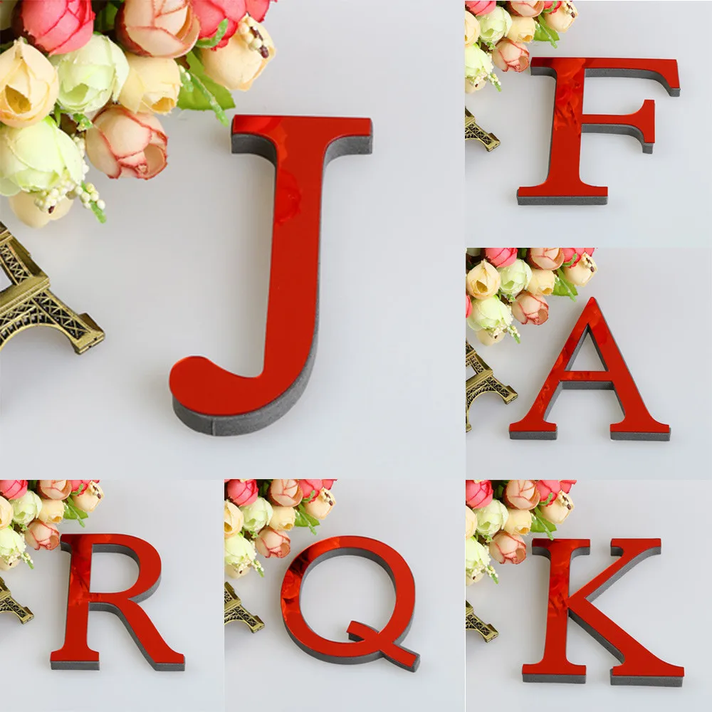 

26 letters DIY 3D Mirror Self-adhesive Removable Tiles Mirror Decal Room Decoration Acrylic Wall Sticker Art Mural Red Color F1