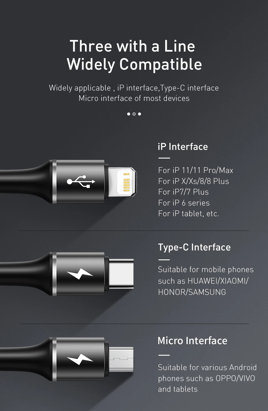 Baseus 3 in 1 USB Cable For iPhone Samsung Xiaomi Type C Fast Charging Micro USB Cable 3in1 USB Type-c USBC Data Wire Cord