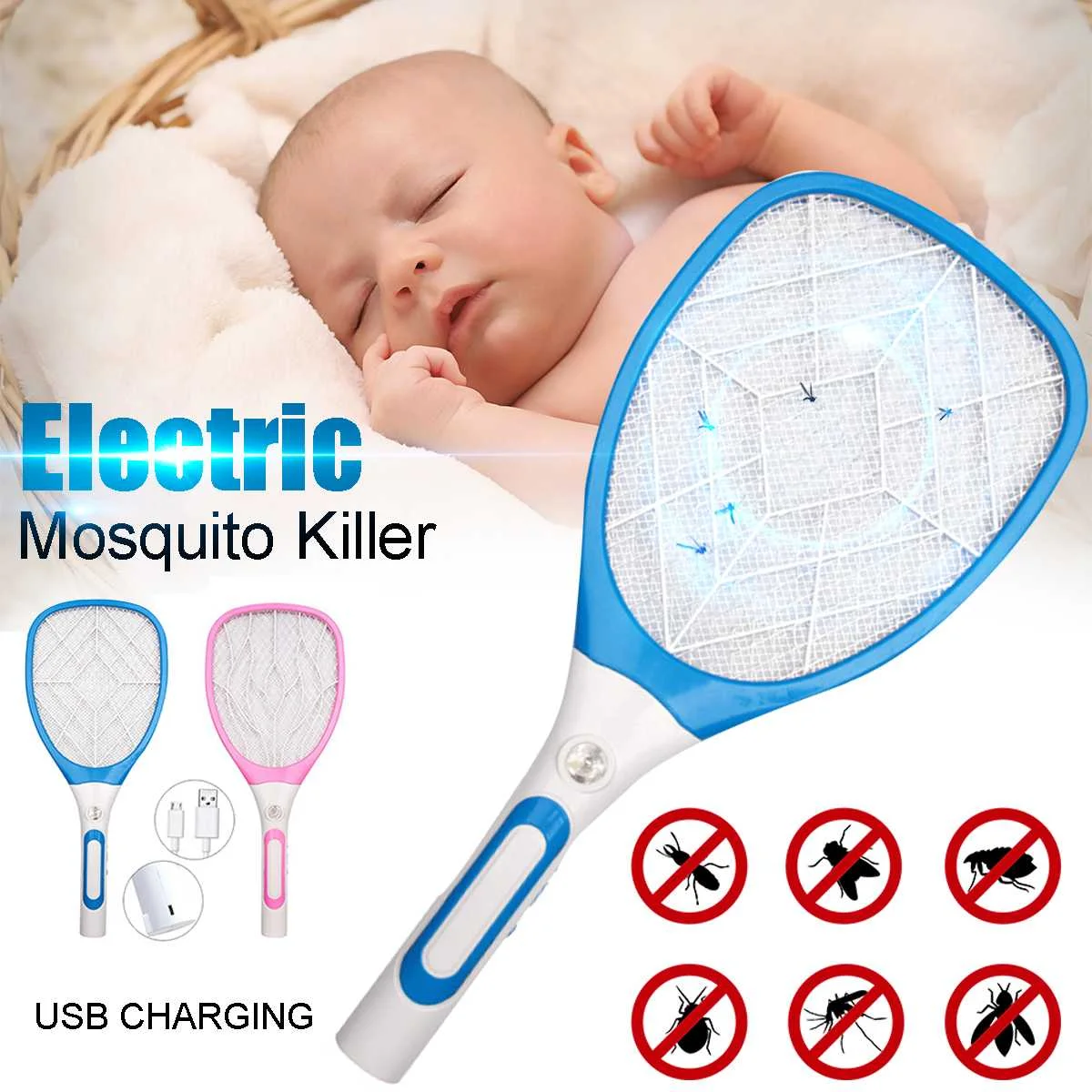 

Pink/Blue Mosquito Swatter Killer USB Rechargeable LED Electric Mosquito Swatter Handheld Racket Insect Fly Bug Pest Wasp