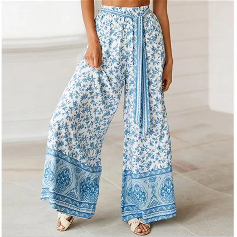 2019 Boho женские Мешковатые шаровары Хиппи широкие ноги Цыганский Палаццо Высокая талия свободные широкие яркие брюки Брюки-клёш горячая