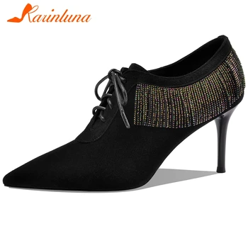 

Karinluna 2020 Fashion New Kid Suede Thin High Heels Party Pumps Woman Shoes Pointed Toe Lace-Up Spring Shoes Women Pumps Female